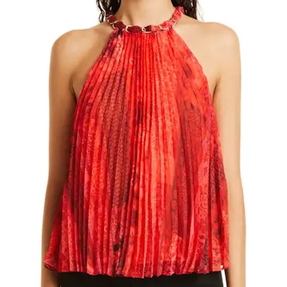 Alice + Olivia Tops - Alice + Olivia Alycia Sunburst Print Pleated Chain Neck Halter Top - XS